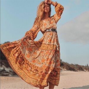 Spell Orange and Brown Floral Long Sleeve Dress